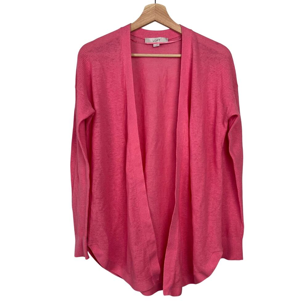 Loft Women's Size Small‎ Linen Blend Long Open Pink Cardigan Ribbed Lightweight